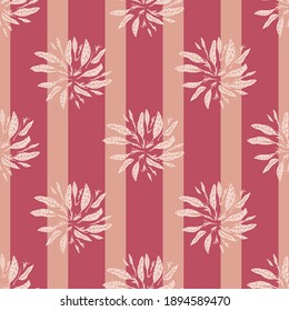 Abstract seamless pattern with simple foliage silhouettes. Pink striped background. Nature artwork. Stock illustration. Vector design for textile, fabric, giftwrap, wallpapers.