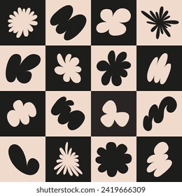 Abstract seamless pattern with simple funky groovy shapes. Brutal background in style y2k, 00s. Black and beige colors. Modern collage vector illustration.