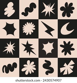 Abstraktes nahtloses Muster mit einfachen funky groovigen Formen. Brutaler Hintergrund im Stil y2k, 00er. Schwarz und Beige. In: Modern Collage Vector Illustration.