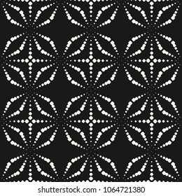 Abstract seamless pattern, simple geometric texture with dotted shapes, sparkles, stippling, halftone crosses. Vector black and white repeat background. Design for decor, prints, covers, digital, web