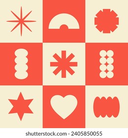 Abstract seamless pattern with simple geometric shapes in Bauhaus style. Brutal background in style y2k, 00s. Red and beige colors. Modern collage vector illustration.