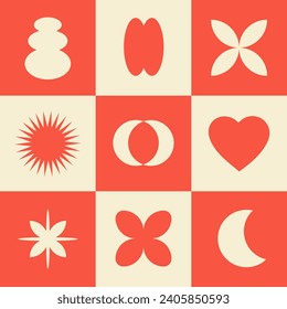 Abstract seamless pattern with simple geometric shapes in Bauhaus style. Brutal background in style y2k, 00s. Red and beige colors. Modern collage vector illustration.