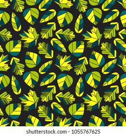 Abstract seamless pattern with simple geometrical oak, beech, maple and birch leaves placed randomly. Psychedelic green and yellow colors.