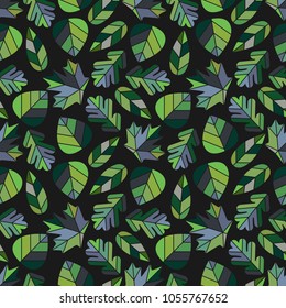 Abstract seamless pattern with simple geometrical oak, beech, maple and birch leaves placed randomly on black background. Green and brown colors.