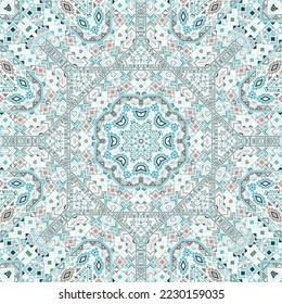 Abstract seamless pattern of simple geometry shapes structure. Ethnic arabic motif. Batik print. Small elements symmetry. Vector collage ornament.