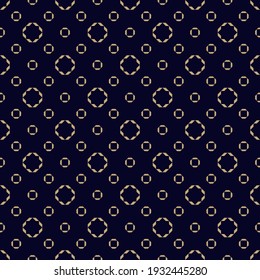 Abstract seamless pattern. Simple golden vector geometric texture with small floral shapes, circles. Modern minimal gold and black background. Luxury repeat design for decor, fabric, print, textile