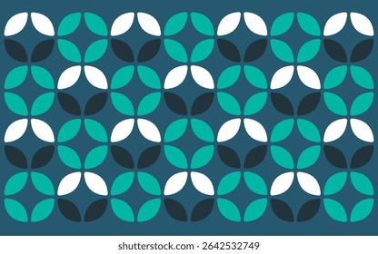 abstract seamless pattern. Simple Indonesian batik design with interlocking teal, dark gray, and white petal motifs on a teal background. A fresh and contemporary feel. Floral background design