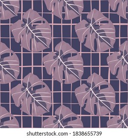 Abstract seamless pattern with simple monstera silhouettes. Light purple tones foliage on chequered background. Decorative backdrop for fabric design, textile, wrapping, cover. Vector illustration