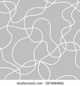 Abstract seamless pattern. Simple repeating illustration with lines and spots. White lines on gray background. Vector endless texture for wrapping paper, textile, wallpaper, fabric.