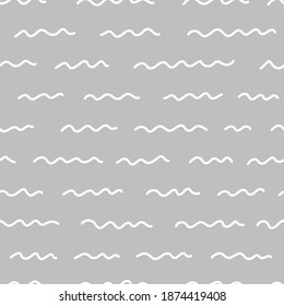 Abstract seamless pattern. Simple repeating illustration. Linear drawing with waves. White lines on gray background. Vector endless texture for wrapping paper, textile, wallpaper, fabric.