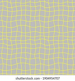 Abstract seamless pattern. Simple repeating illustration with crossing vertical and horizontal yellow lines on grey background. Vector endless texture for wrapping paper, textile, wallpaper, fabric.
