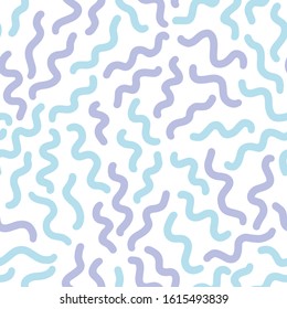 Abstract seamless pattern of simple shapes. Geometrical figures randomly located on a sheet. Optical illusion of movement. Pattern for packaging or textiles.