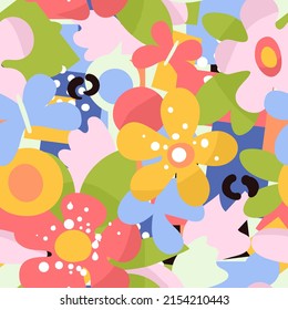 Abstract seamless pattern of simple stylized flowers and butterflies. Spring joyful mood.