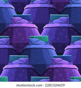 Abstract seamless pattern of a single person beds with teenage styled linens in a color scheme of a dark night room. Vector repeated geometric design