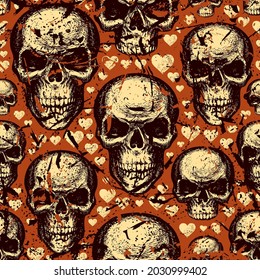 Abstract seamless pattern with sinister human skulls and cute hearts on red backdrop. Vector background in grunge style with hand-drawn skulls. Suitable for wallpaper, wrapping paper, fabric, clothing