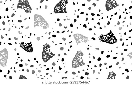 Abstrato padrão sem emenda com símbolos de tigre sentado. Fundo de leopardo criativo. Ilustração vetorial sobre fundo branco