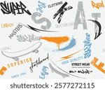 Abstract seamless pattern skate graffiti slogan print, skate pattern t shirt print, dry brush ink artistic modern calligraphy slogan, typography street art graffiti slogan print with spray effect.eps8