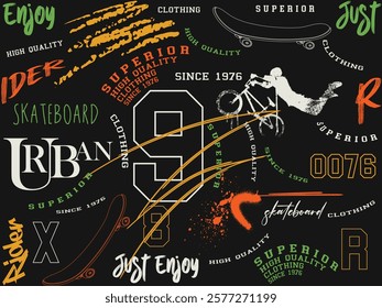 Abstract seamless pattern skate graffiti slogan print, typography street art graffiti slogan print with spray effect, skate pattern t shirt print, dry brush ink artistic modern calligraphy slogan.eps