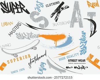 Abstract seamless pattern skate graffiti slogan print, skate pattern t shirt print, dry brush ink artistic modern calligraphy slogan, typography street art graffiti slogan print with spray effect.eps8