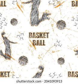 Abstract seamless pattern with sketched basketball players, stars and text. Sports print for guys