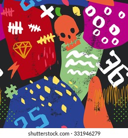 Abstract seamless pattern. Skull, numbers, scribbles, zip, zero.