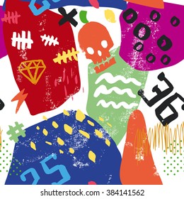 Abstract seamless pattern. Skull, numbers, scribbles, zip, zero.