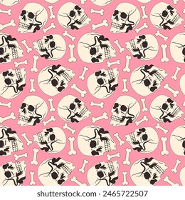 Abstract seamless pattern with skulls and bones on a pink background. Halloween seamless pattern with skulls. Many skulls and bones. Spooky and scary pattern