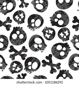 Abstract seamless pattern with skulls, isolated on white background. For boys and girls. Illustration for textiles, prints, wrapping paper, web. Modern grunge background