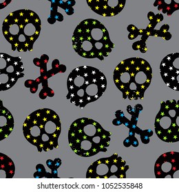 Abstract seamless pattern with skulls, isolated on white background. For boys and girls. Illustration for textiles, prints, wrapping paper, web. Modern grunge background