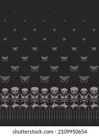 Abstract seamless pattern with skulls, isolated on white background. For boys and girls. Illustration for textiles, prints, wrapping paper, web. Modern grunge background
