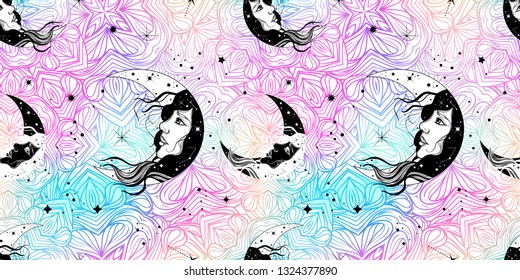 Abstract seamless pattern with sky and moon in bohemian style. Trendy pastel colors and 80s - 90s style. Print could be used for yoga mat, phone case, textile.