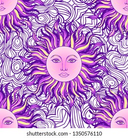 Abstract seamless pattern with sky and sun in bohemian style. Trendy pastel colors and 80s - 90s style. Print could be used for yoga mat, phone case, textile.
