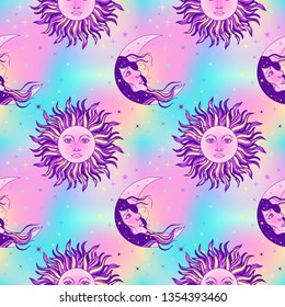 Abstract seamless pattern with sky and sun in bohemian style. Trendy pastel colors and 80s - 90s style. Print could be used for yoga mat, phone case, textile.
