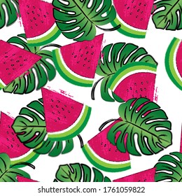 Abstract seamless pattern with slice of watermelon and green leaves of monstera on white background.