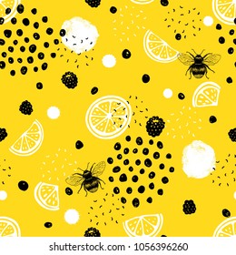 Abstract seamless pattern with slices citrus fruits, bees and dots. Vector illustration black and white colors on yellow background.