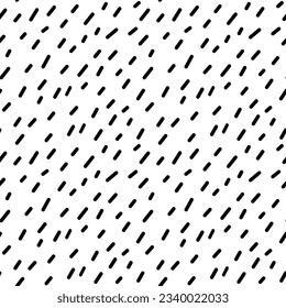 Abstract seamless pattern with small black lines. Vector illustration of specks. Monochrome background with randomly located asymmetric spots. Texture with cartoon rain or snow.