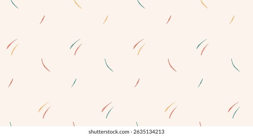 Abstrato padrão sem emenda com pequenos traços de cor no motivo retrô. Superfície de design gráfico bonito, impressão de papel de parede com escotilha descuidada desenhada à mão em composição aleatória. Ilustração vetorial.