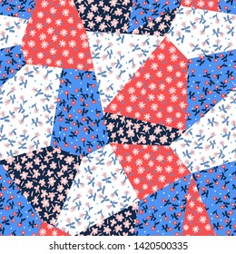 Abstract seamless pattern. Small daisies on bright geometric patchwork background. Flowers in vintage style. Flat floral drawing for fashion design, textile, fabric, wallpaper, surface or wrapping.