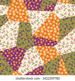 Abstract seamless pattern. Small daisies on bright geometric patchwork background. Flowers in vintage style. Flat floral drawing for fashion design, textile, fabric, wallpaper, surface or wrapping.