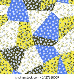 Abstract seamless pattern. Small daisies on bright geometric background. Flowers in vintage style. Flat floral drawing for fashion design, textile, fabric, wallpaper, surface or wrapping.