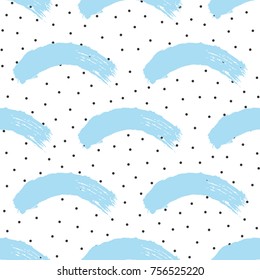 Abstract seamless pattern with small dots and curved brush strokes. Grunge, sketch, watercolor. Vector illustration.