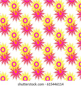 Abstract seamless pattern of small yellow and red sun with sharp rays  to print, textiles
