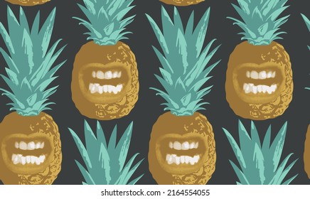 Abstract seamless pattern with smiling pineapples on a black backdrop. Decorative vector background with grimasing ananases. Suitable for wallpaper, wrapping paper, fabric, textile, party fruit design