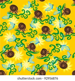 abstract seamless pattern with snails, flowers and butterflies