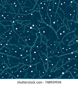 Abstract seamless pattern with snow and branches in the night sky.  New Year.