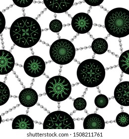 Abstract seamless pattern with snowflakes, diamonds chains, circles on white background. Vector illustration in shades of green, grey, black on white background. Ideal for gifts, paper, scrapbooking
