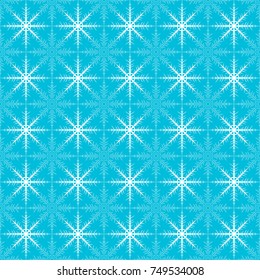 Abstract seamless pattern from snowflakes on blue background.