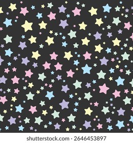 Abstract seamless pattern of soft colorful pastel stars on black background