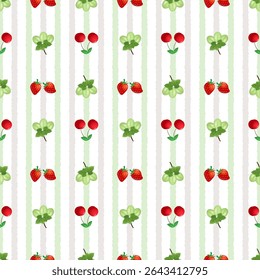 Abstract seamless pattern of soft green and gray vertical lines with green grapes, red cherries, and strawberries on white background. Used for background, wallpaper, or other decorative purposes.