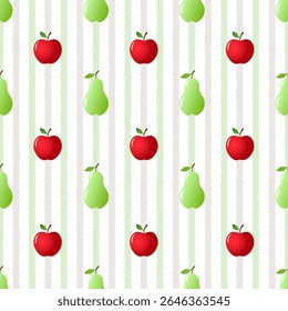 Abstract seamless pattern of soft green and gray vertical lines with green pears and red apples on white background. Used for background, wallpaper, or other decorative purposes.